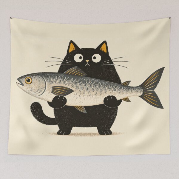 Item preview, Black cat with big fish in paws designed and sold by anytka.
