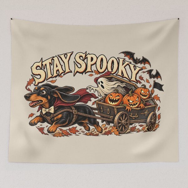Item preview, Stay Spooky Vampire Dachshund Pulling Halloween Wagon designed and sold by MythicCotton.