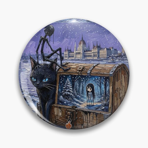 Item preview, Surreal Winter Budapest Parliament Chest Black Cat Impasto Art designed and sold by LujziWorld.