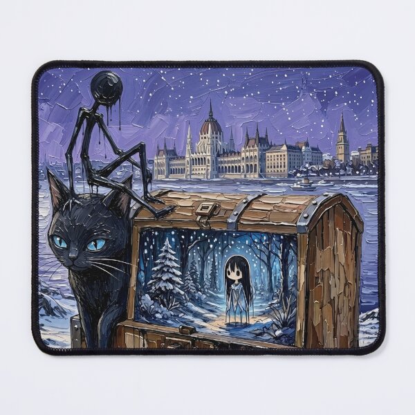 Item preview, Surreal Winter Budapest Parliament Chest Black Cat Impasto Art designed and sold by LujziWorld.
