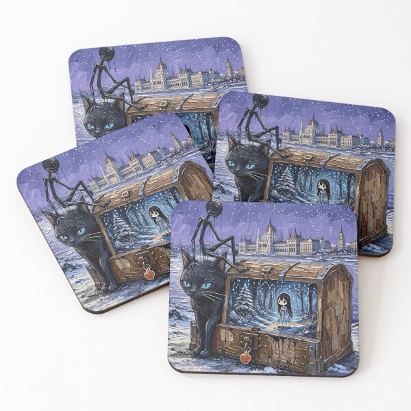 Item preview, Surreal Winter Budapest Parliament Chest Black Cat Impasto Art designed and sold by LujziWorld.