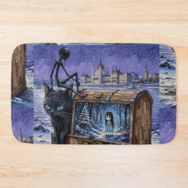 Item preview, Surreal Winter Budapest Parliament Chest Black Cat Impasto Art designed and sold by LujziWorld.