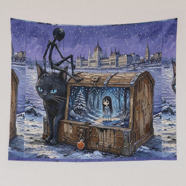 Item preview, Surreal Winter Budapest Parliament Chest Black Cat Impasto Art designed and sold by LujziWorld.