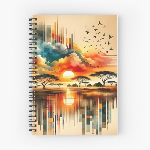 Item preview, A Serene Sunset Over African Landscape with Abstract Elements and Vibrant Colors Reflected in a Tranquil Water Body Surrounded by Silhouetted Trees and Birds Flying in the Distant Sky designed and sold by Matt_Smith.
