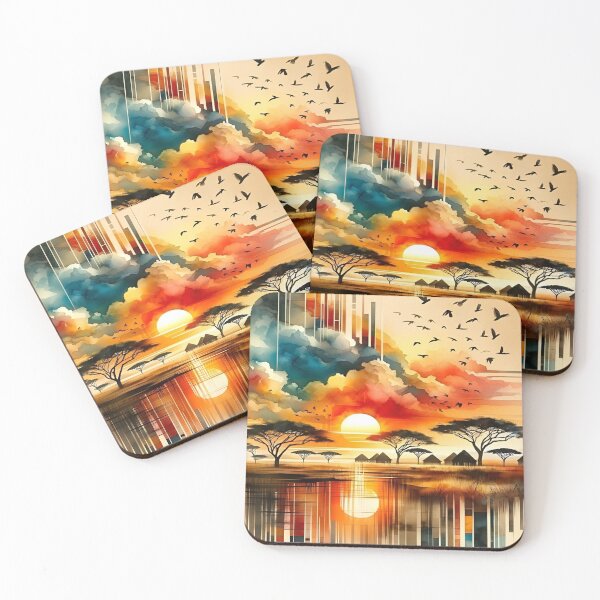 Item preview, A Serene Sunset Over African Landscape with Abstract Elements and Vibrant Colors Reflected in a Tranquil Water Body Surrounded by Silhouetted Trees and Birds Flying in the Distant Sky designed and sold by Matt_Smith.