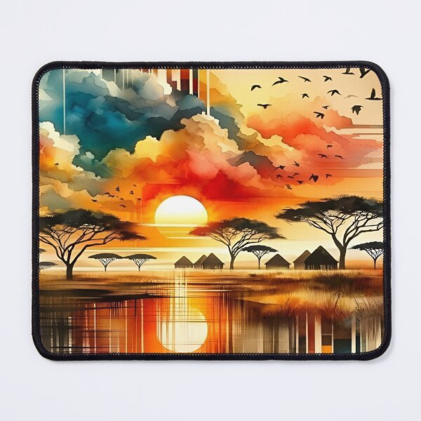 Item preview, A Serene Sunset Over African Landscape with Abstract Elements and Vibrant Colors Reflected in a Tranquil Water Body Surrounded by Silhouetted Trees and Birds Flying in the Distant Sky designed and sold by Matt_Smith.