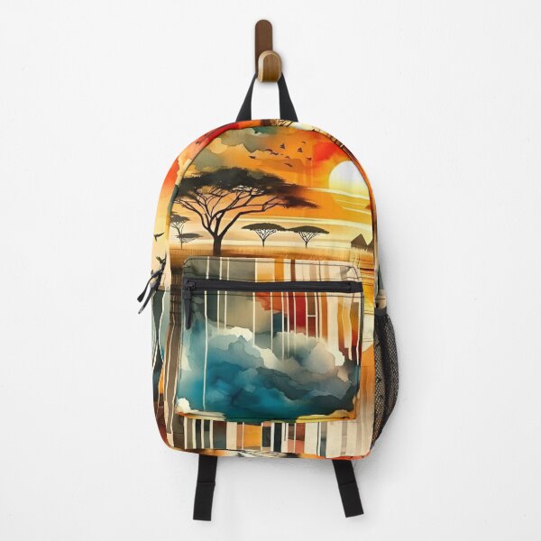 Item preview, A Serene Sunset Over African Landscape with Abstract Elements and Vibrant Colors Reflected in a Tranquil Water Body Surrounded by Silhouetted Trees and Birds Flying in the Distant Sky designed and sold by Matt_Smith.