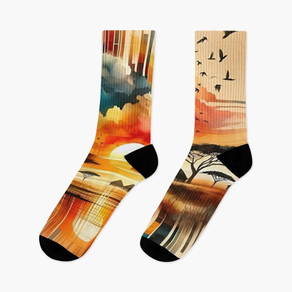 Item preview, A Serene Sunset Over African Landscape with Abstract Elements and Vibrant Colors Reflected in a Tranquil Water Body Surrounded by Silhouetted Trees and Birds Flying in the Distant Sky designed and sold by Matt_Smith.