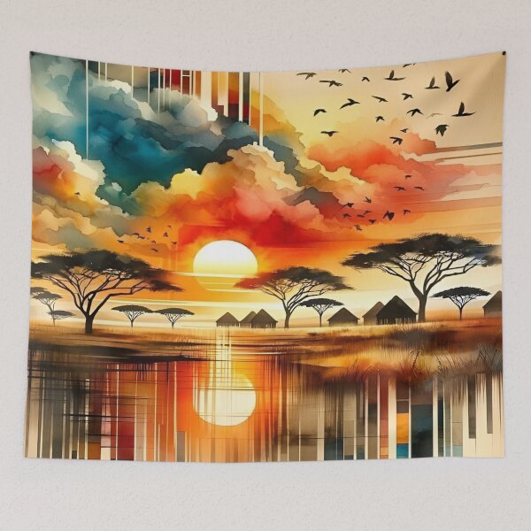 Item preview, A Serene Sunset Over African Landscape with Abstract Elements and Vibrant Colors Reflected in a Tranquil Water Body Surrounded by Silhouetted Trees and Birds Flying in the Distant Sky designed and sold by Matt_Smith.
