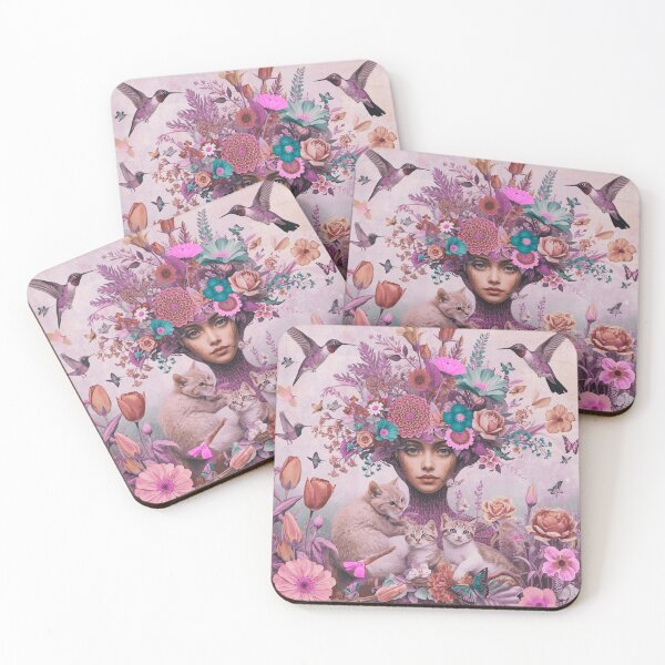 Item preview, Blush Nostalgia: Vintage Woman, Cat & Birds Collage designed and sold by Knock on my door.
