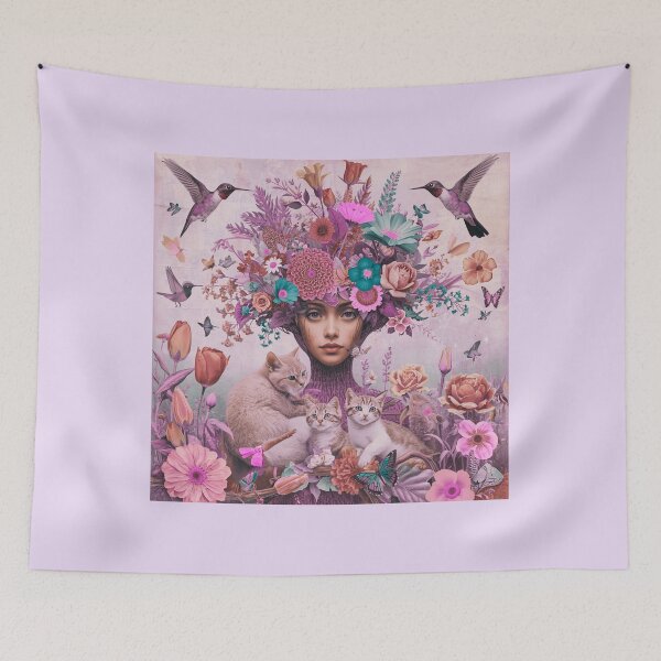 Item preview, Blush Nostalgia: Vintage Woman, Cat & Birds Collage designed and sold by Knock on my door.