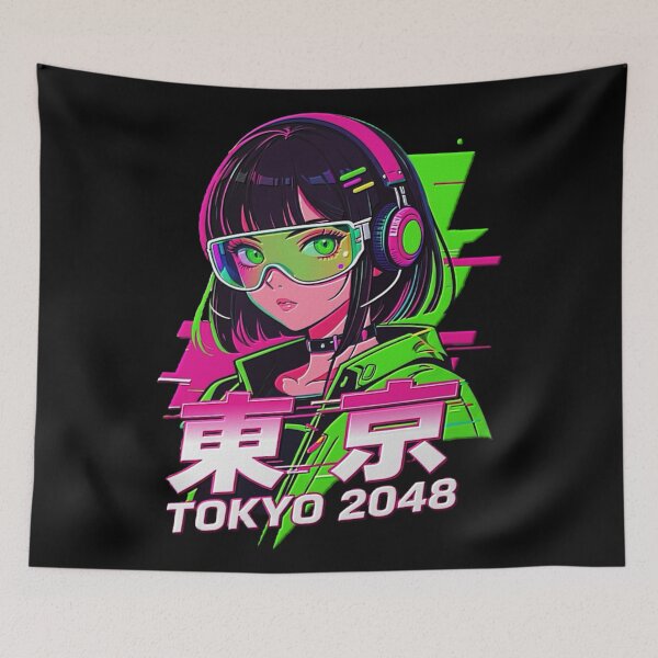 Item preview, Cyberpunk Anime Song Girl Image 東京 TOKYO 2048  with Headphones - Neon Pink & Green Glitch Art. designed and sold by Giulivo Store Graphic.