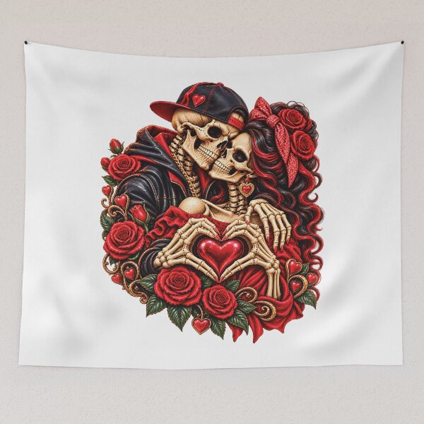 Item preview, Gothic Skeleton Couple in Love with Red Roses designed and sold by ArtSpark Studio.