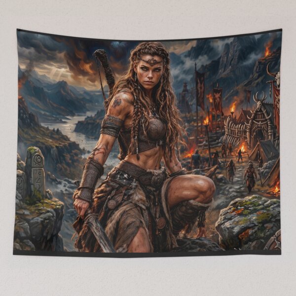 Item preview, Epic Amazon Warrior Near Orc Camp – Dark Fantasy Art designed and sold by VALKYRAART53.