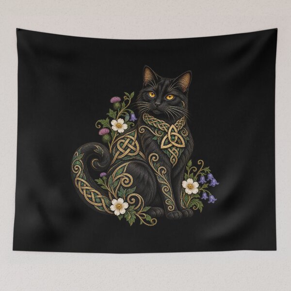 Item preview, Celtic black cat with wildflowers designed and sold by lAnJefurtifeu.