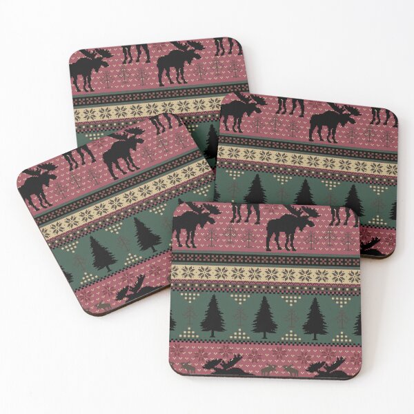 Item preview, Cabincore Moose + Pine Fairisle Stripes in Red Green Black + Buckskin designed and sold by YesterdayColl.