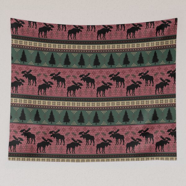 Item preview, Cabincore Moose + Pine Fairisle Stripes in Red Green Black + Buckskin designed and sold by YesterdayColl.