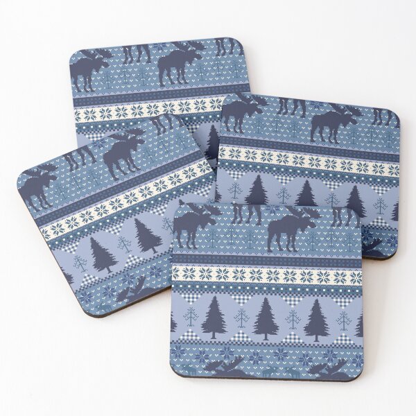 Item preview, Cabincore Moose + Pine Fairisle Stripes in Tonal Blue and Navy designed and sold by YesterdayColl.