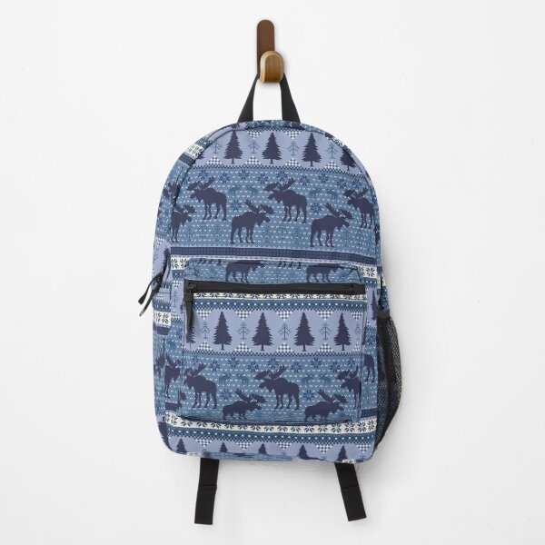 Item preview, Cabincore Moose + Pine Fairisle Stripes in Tonal Blue and Navy designed and sold by YesterdayColl.
