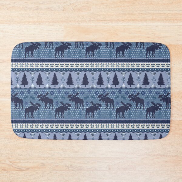 Item preview, Cabincore Moose + Pine Fairisle Stripes in Tonal Blue and Navy designed and sold by YesterdayColl.
