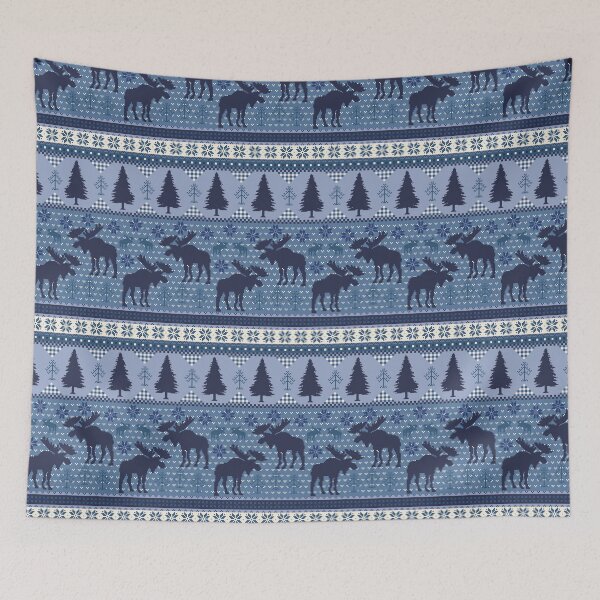 Item preview, Cabincore Moose + Pine Fairisle Stripes in Tonal Blue and Navy designed and sold by YesterdayColl.