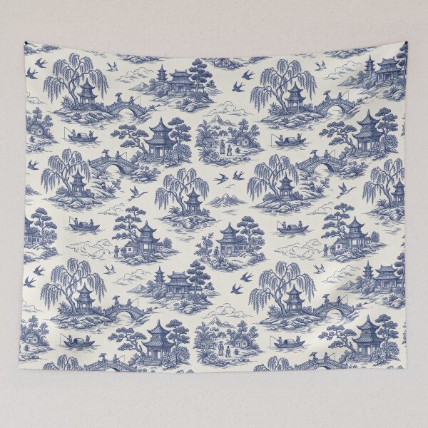 Item preview, Blue Willow White Landscape Outdoor Bridge Birds Neoclasical Jasperware chinoiserie inspired by Qing Dynasty China designed and sold by TheTimeTaxi.