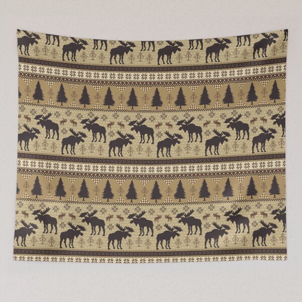 Item preview, Cabincore Moose + Pine Fairisle Stripes in Tonal Tan and Brown designed and sold by YesterdayColl.