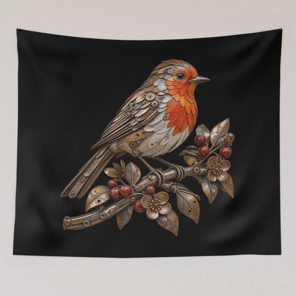 Item preview, Robin Scrap Metal Bird Sculpture on Botanical Branch designed and sold by Emoji Emblems.