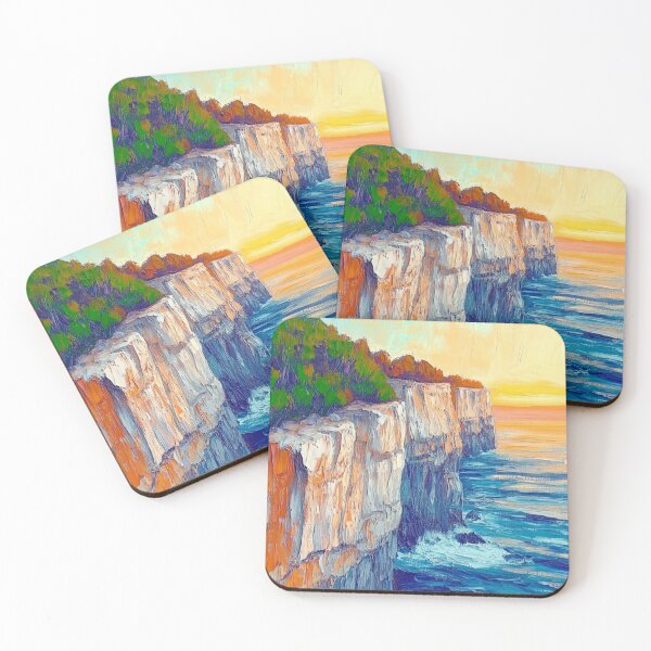 Item preview, Coastal Cliffs at Sunset, Impressionist Ocean Seascape Oil Painting designed and sold by OpenFieldNotes.