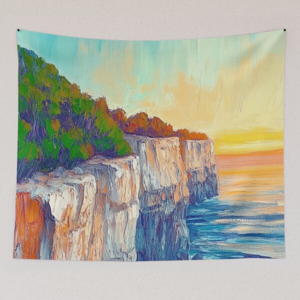 Item preview, Coastal Cliffs at Sunset, Impressionist Ocean Seascape Oil Painting designed and sold by OpenFieldNotes.