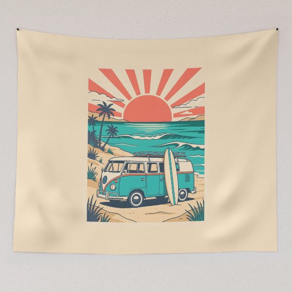Item preview, Vintage Camper Van with Surfboard at the Beach – Retro Coastal Road Trip Design designed and sold by Sea Gem.