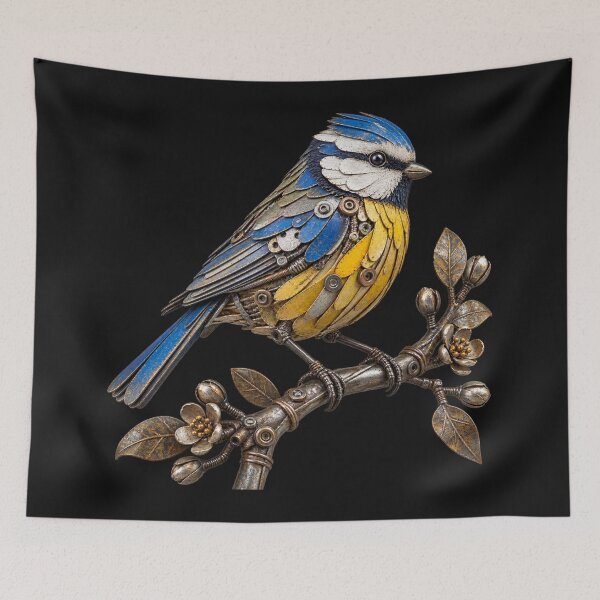 Item preview, Blue Tit Scrap Metal Bird Sculpture on Flowering Branch designed and sold by Emoji Emblems.