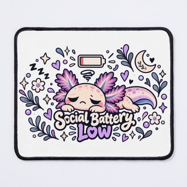 Item preview, Social Battery Low. Pink Axolotl Folk Art Illustration designed and sold by FavePopCulture.