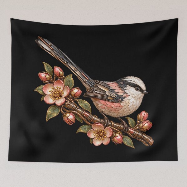 Item preview, Long-Tailed Tit Scrap Metal Bird on Flowering Branch designed and sold by Emoji Emblems.