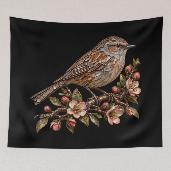 Item preview, Dunnock Scrap Metal Bird on Colourful Flowering Branch designed and sold by Emoji Emblems.