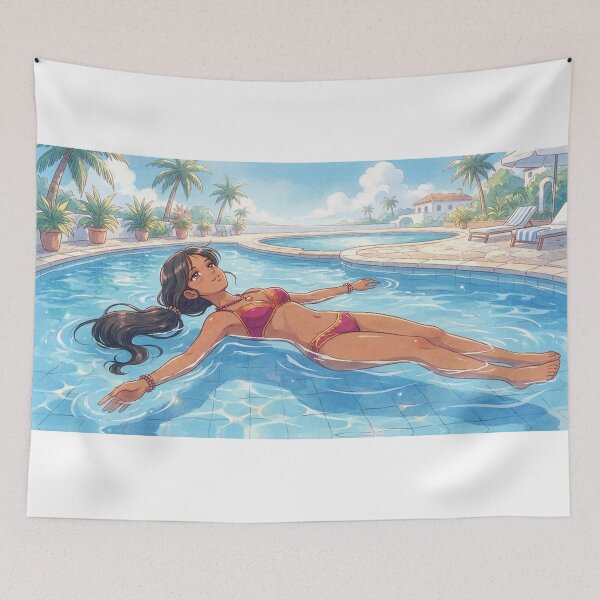 Item preview, Anime Indian Girl Floating in Pool Watercolor Art designed and sold by H2Anime.