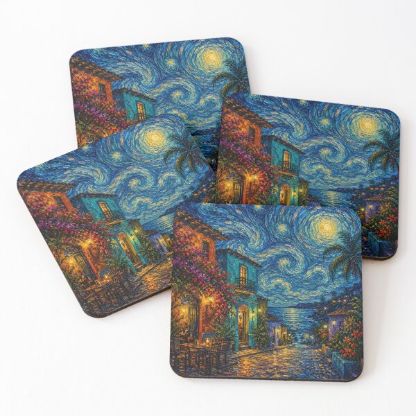 Item preview, Starry Tropical Coastal Village Night Colorful Impasto Painting designed and sold by GutyzDesignsES.