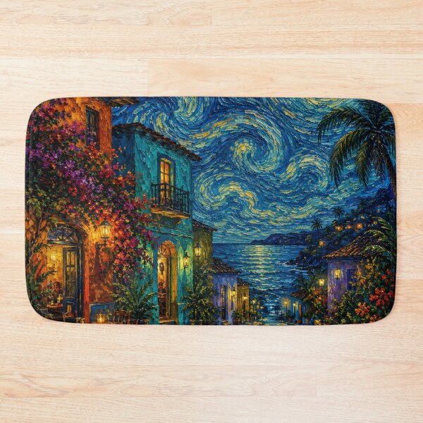 Item preview, Starry Tropical Coastal Village Night Colorful Impasto Painting designed and sold by GutyzDesignsES.