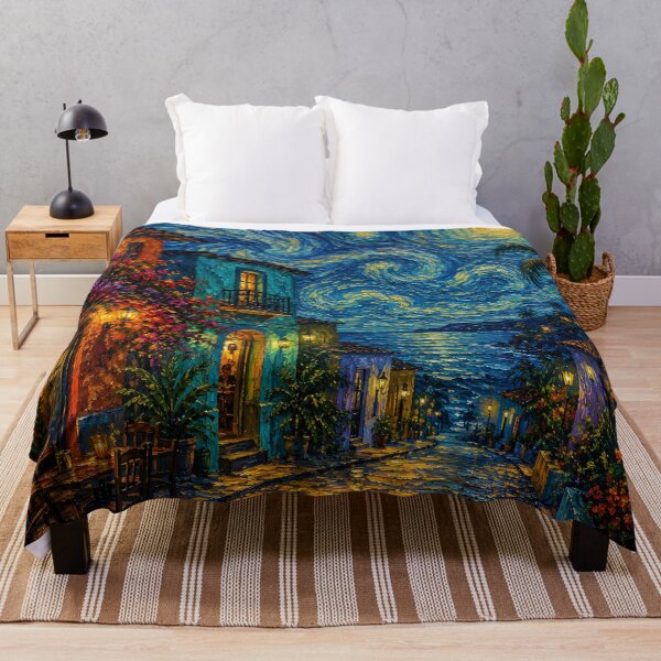 Item preview, Starry Tropical Coastal Village Night Colorful Impasto Painting designed and sold by GutyzDesignsES.