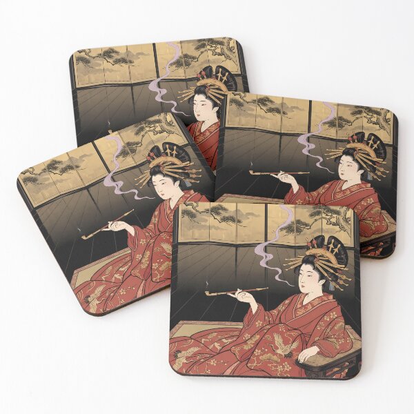 Item preview, Oiran Smoking Pipe Beside Gold Screen designed and sold by TokyoUkiyoHouse.