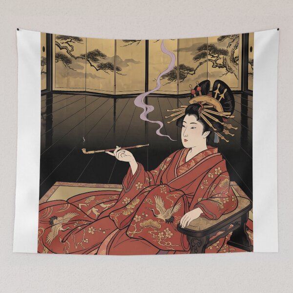 Item preview, Oiran Smoking Pipe Beside Gold Screen designed and sold by TokyoUkiyoHouse.