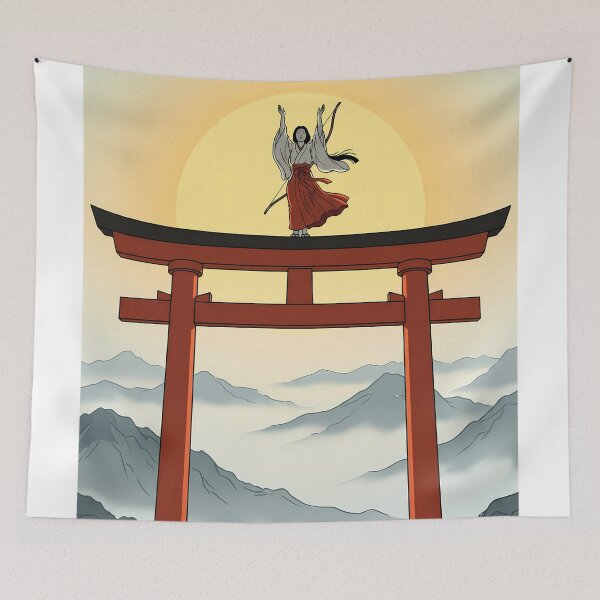 Item preview, Shrine Maiden Atop Torii Gate at Sunrise designed and sold by TokyoUkiyoHouse.