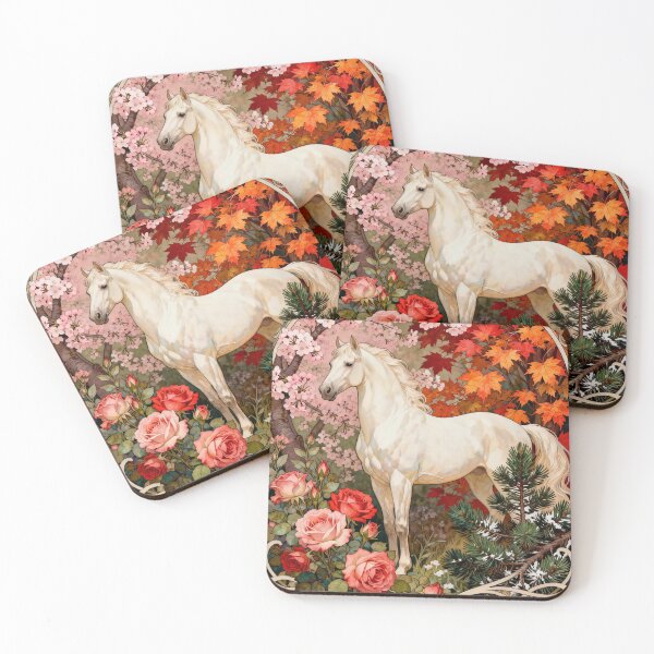 Item preview, White Horse with Roses Art Nouveau designed and sold by KAMOCHI Art.