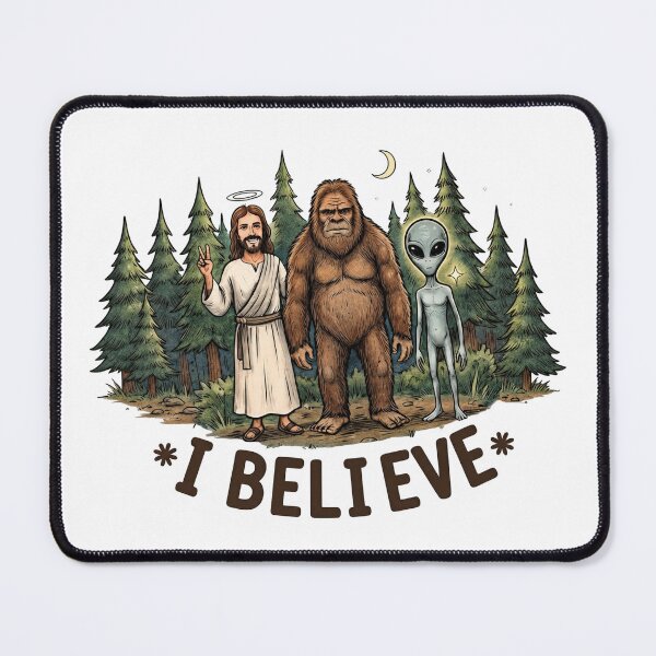 Item preview, I Believe - Jesus Bigfoot Alien Forest Trio designed and sold by FrozenFits.