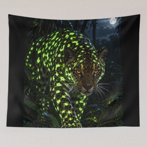 Item preview, Bioluminescent Jaguar | Glowing Neon Green Jaguar in the Jungle at Night designed and sold by Extravanganzza.