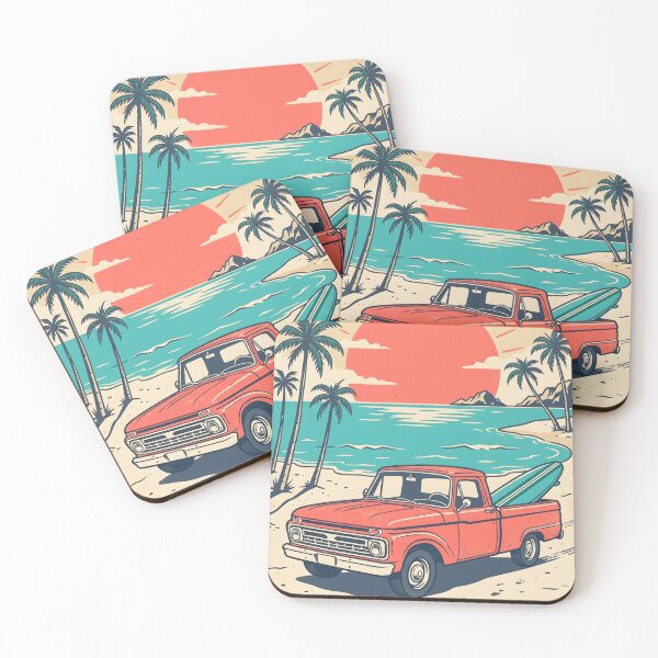Item preview, Vintage Red Pickup Truck with Surfboard at the Beach – Retro Surf Drive Design designed and sold by Sea Gem.