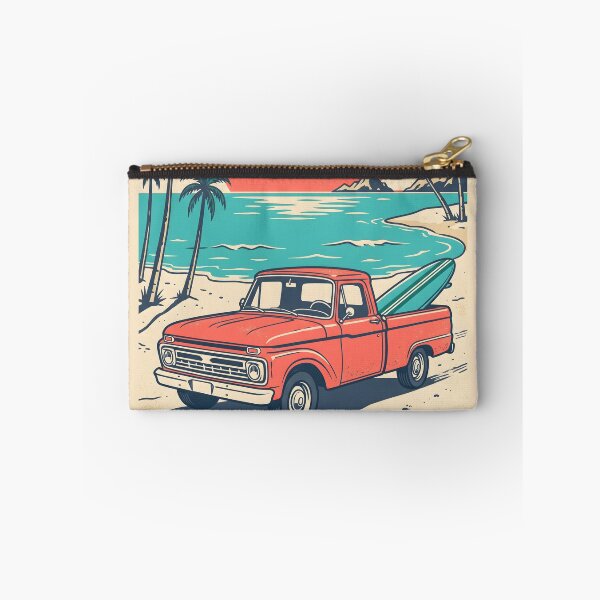 Artikelvorschau, Vintage roter Pickup-Truck mit Surfbrett am Strand – Retro Surf Drive Design entworfen und verkauft von Sea Gem.