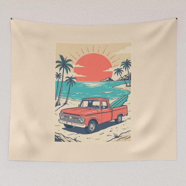 Item preview, Vintage Red Pickup Truck with Surfboard at the Beach – Retro Surf Drive Design designed and sold by Sea Gem.
