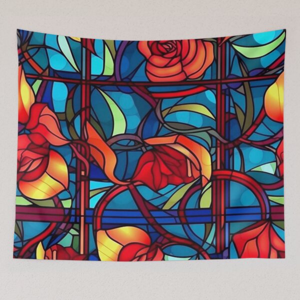 Item preview, Red Roses Stained Glass-Inspired Art On Blue  designed and sold by DEC02.