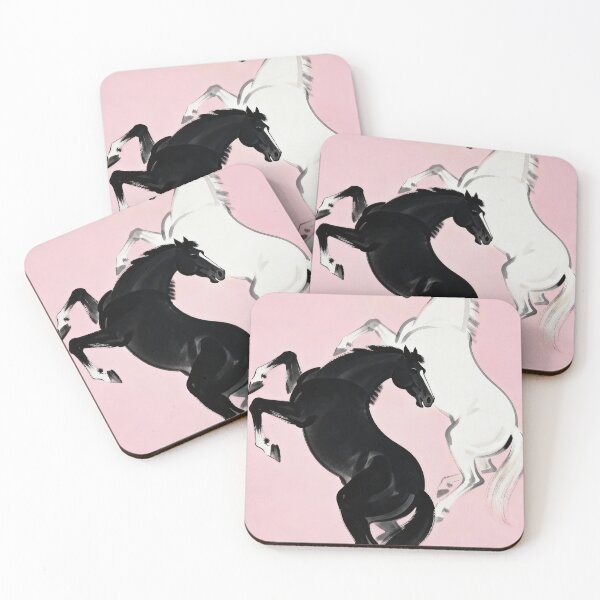 Item preview, Black and White Horses Rearing Pink Background designed and sold by KAMOCHI Art.